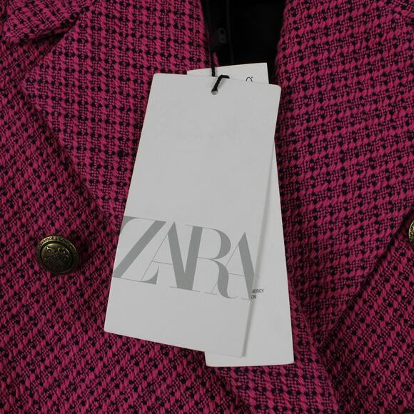 Zara Blazer Womens Medium Pink Tweed Cropped Double Breasted Gold Button Jacket - Picture 4 of 11